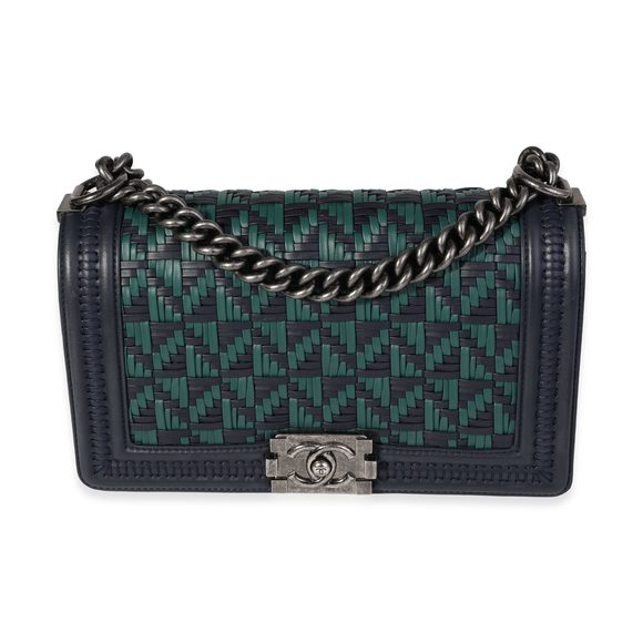 Chanel Navy & Green Woven Calfskin Medium Boy Bag - Picture 1 of 8